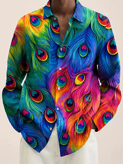 Button Down Shirt Men Peacock Feather Design Luxury Long Sleeve Button Tops