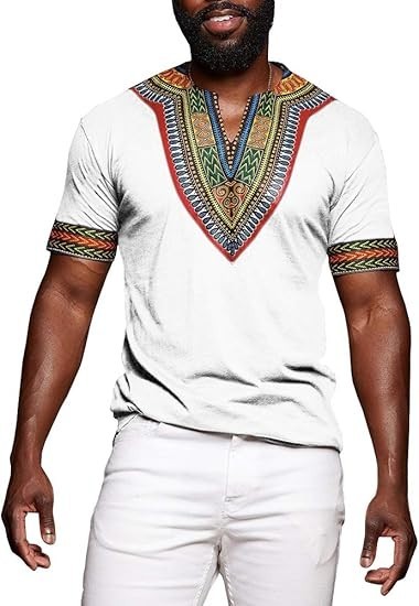 Mens African Dashiki T Shirt Tribal Floral Print V Neck Slim Fit Shirts Top