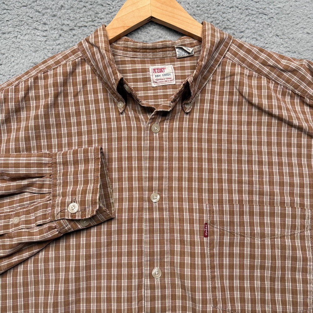 Levis Men’s Button Down Shirt Large Brown Plaid Grunge Workwear Cowboy Outdoor