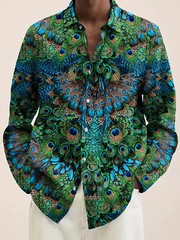 Button Down Shirt Men Peacock Feather Design Luxury Long Sleeve Button Tops
