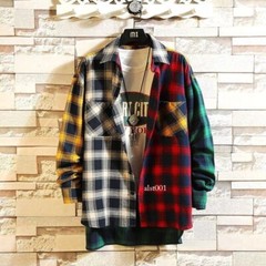 Personality Patchwork Red Plaid Shirt Men’s Street Hip Hop Long-sleeved Shirt