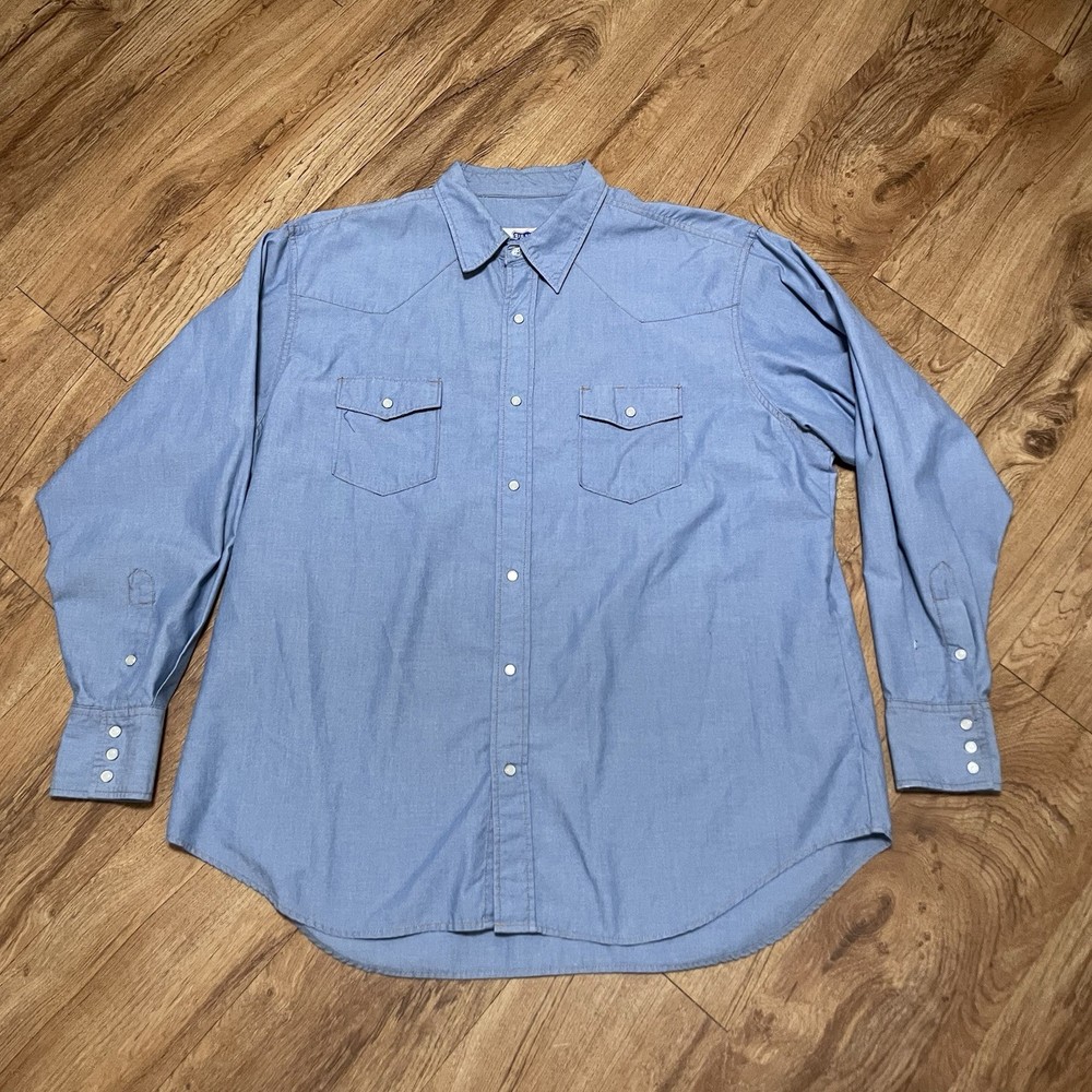 Big Smith Chambray Blue Work Shirt Pearl Snap Long Sleeve Western Mens Measured