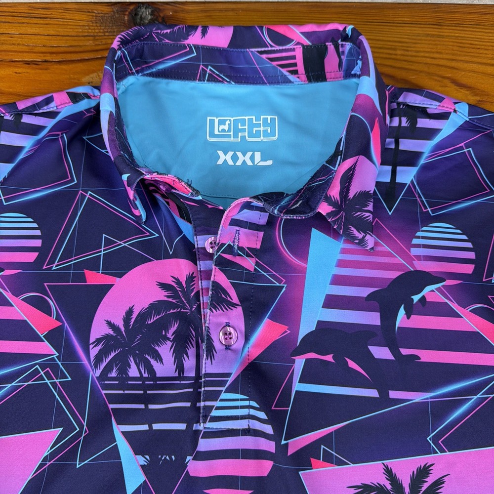 Lofty Llama Miami Slice Performance Polo Shirt Men’s 2XL Retro Vaporwave Golf