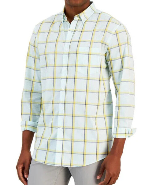 Club Room Plaid Collared Button Down Stretch Shirt Size S -Blue Chiffon-