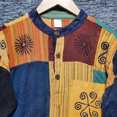 Handmade Nepalese Patchwork Block Print Tunic Shirt Mens Large Blue Orange Boho