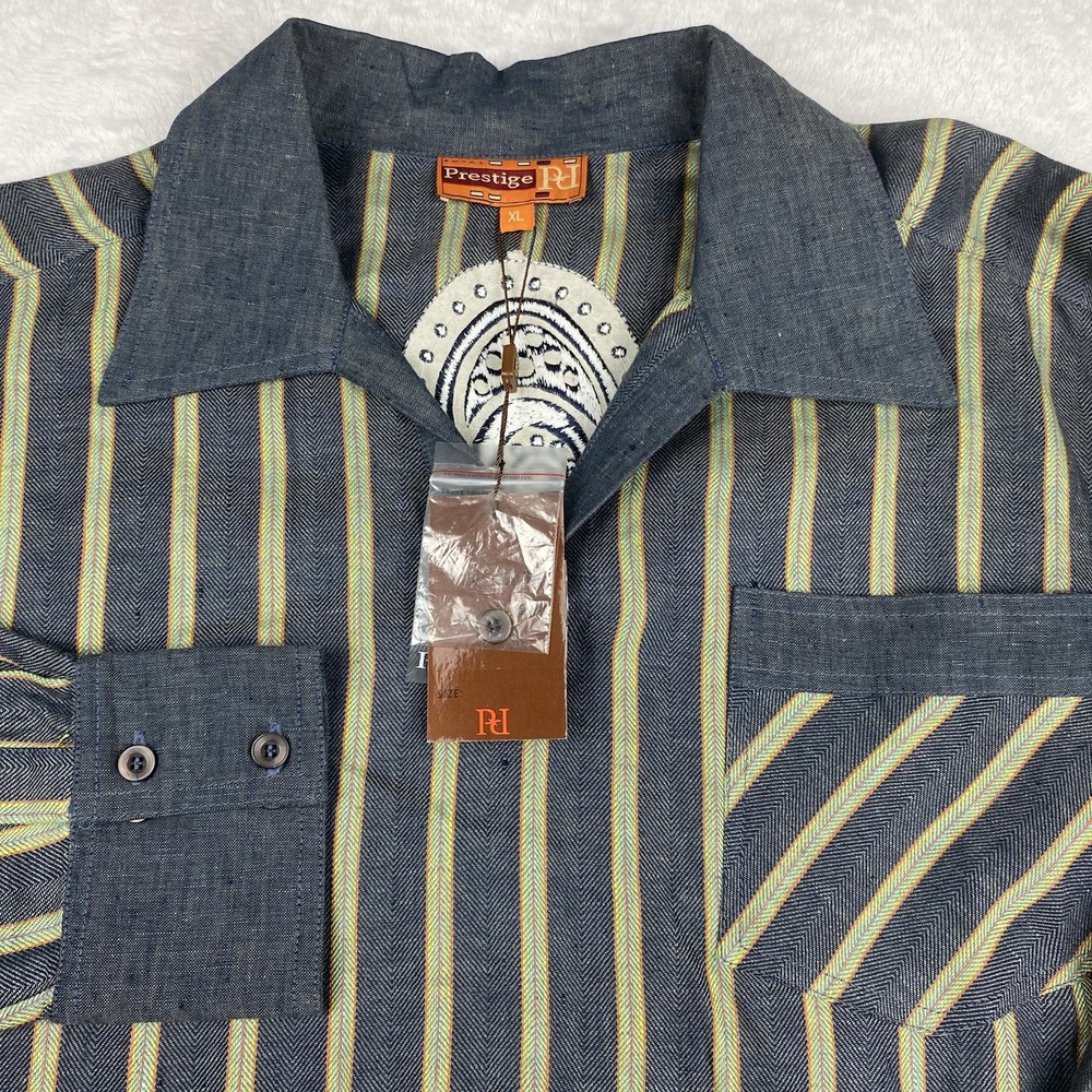 PRESTIGE Royal Size XL Mens Shirt Navy Stripes 100% Linen Sequin Embroidery NWT!