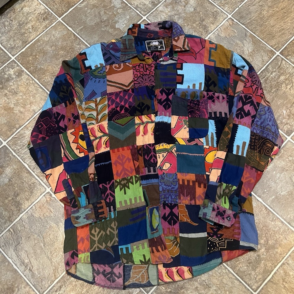 Terranova Patchwork Batik Long Sleeve Button Shirt Men’s XL Colorful Boho Rare