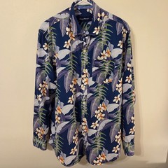 Tommy Bahama Mens M Blue Tropical Floral Shirt Tencel Lyocell Long Sleeve Aloha