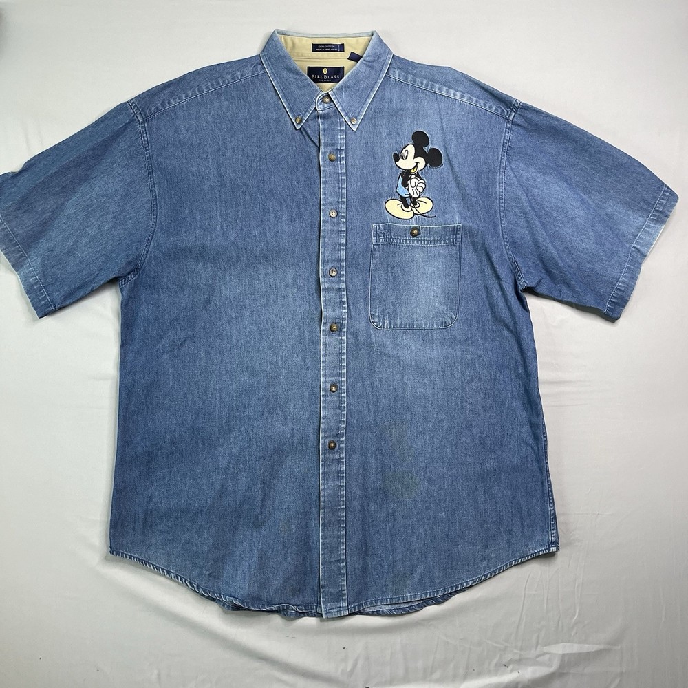 Bill Blass Mickey Denim Shirt Mens X-Large Blue Chambray Button Disney Workwear