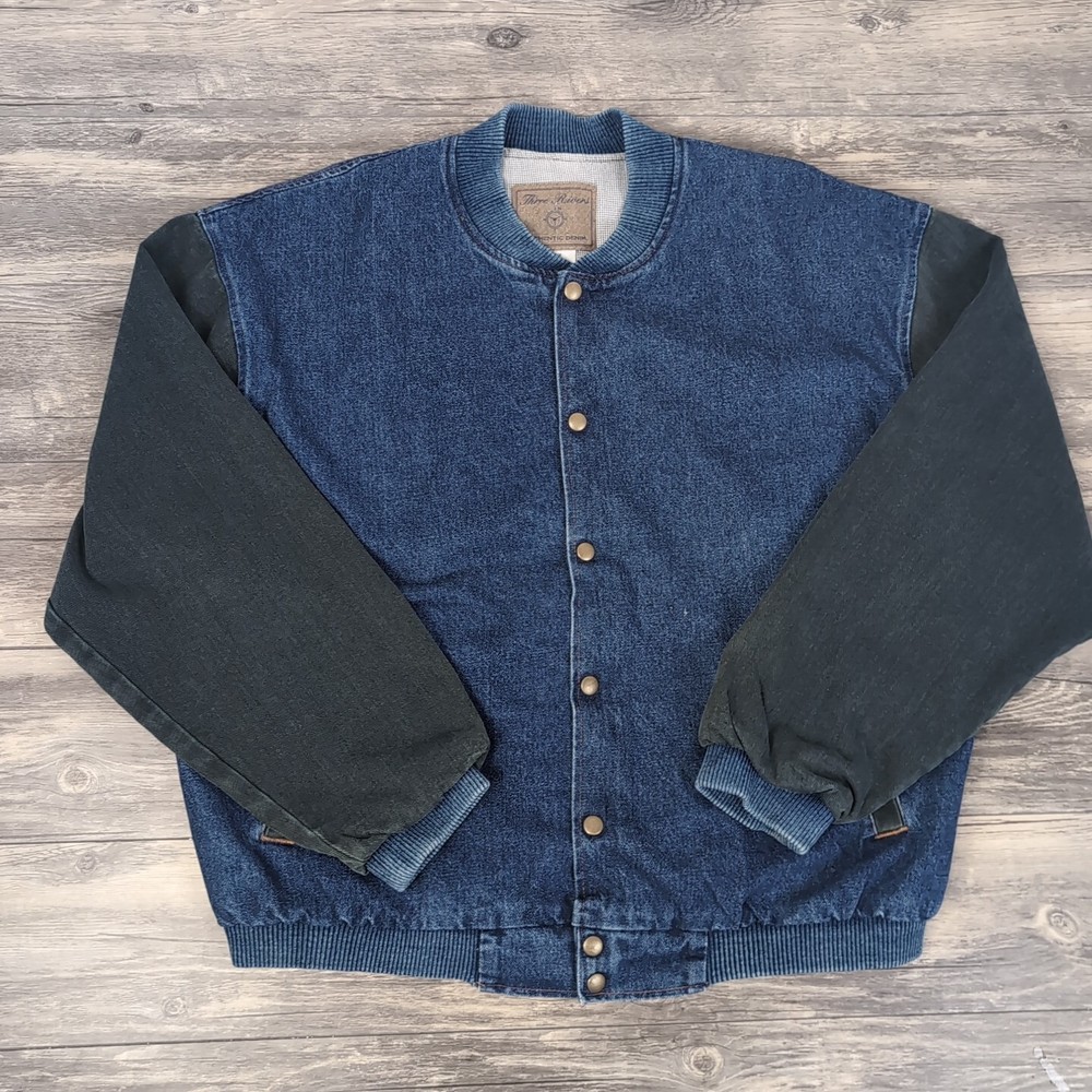 Three Rivers Bomber Jacket Blue Denim Green Long Sleeve Snap Button Men’s Large