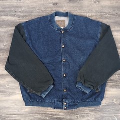 Three Rivers Bomber Jacket Blue Denim Green Long Sleeve Snap Button Men’s Large