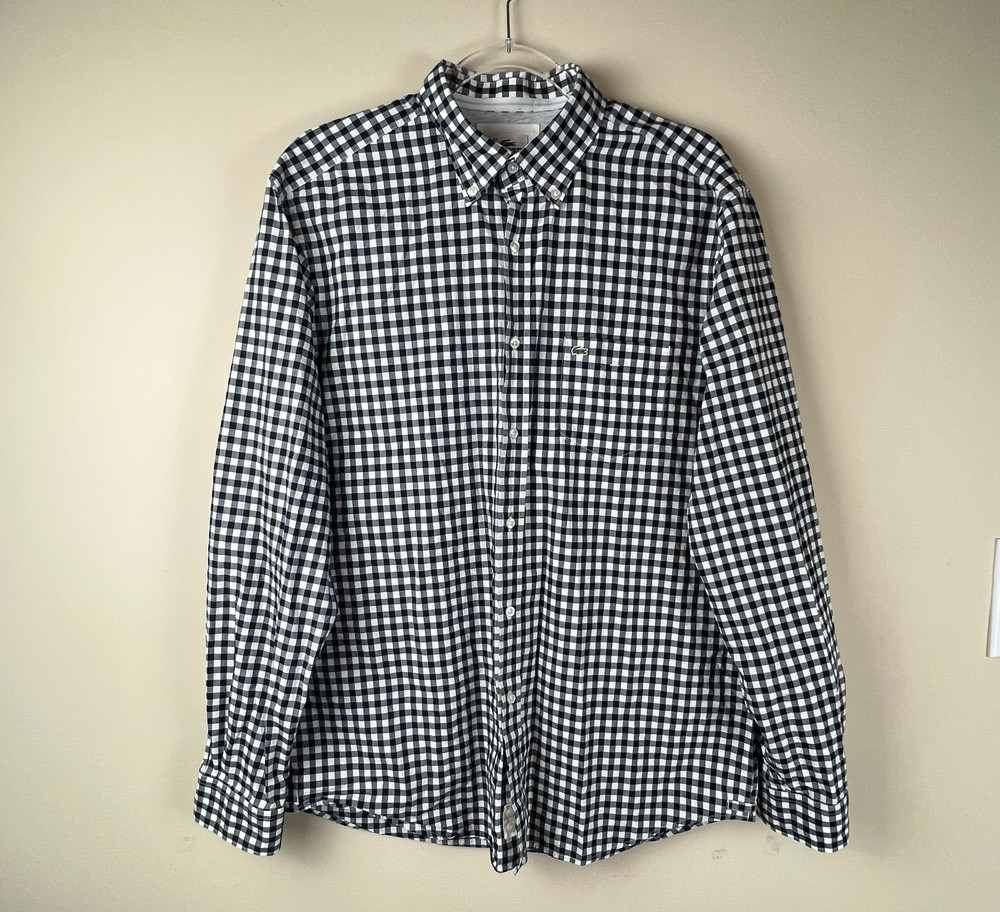 Lacoste Devanlay Navy White Gingham Button Down Shirt Men’s 42 Preppy