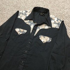Vintage 60s 70s Sears Western Shirt Mens XL Black Floral Made in USA