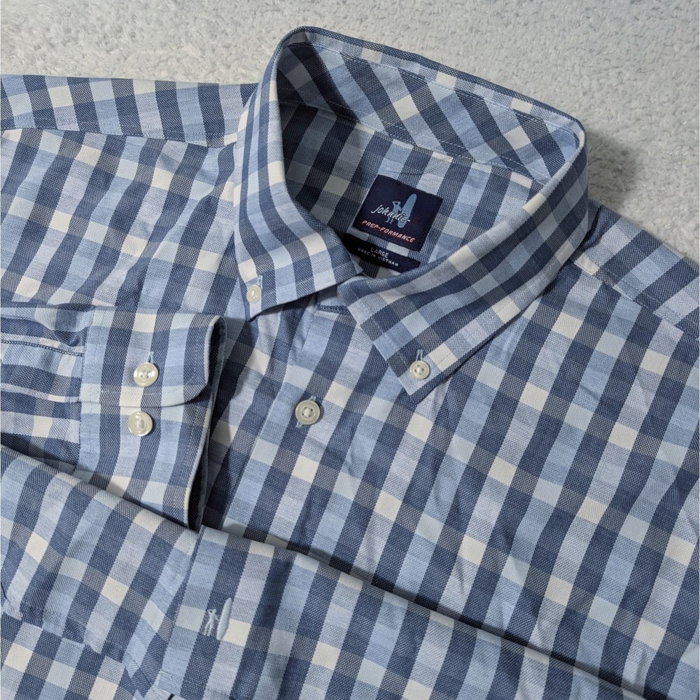 JOHNNIE-O Prep-Formance Performance Nylon Viscose Stretch Blue White Plaid Sz L