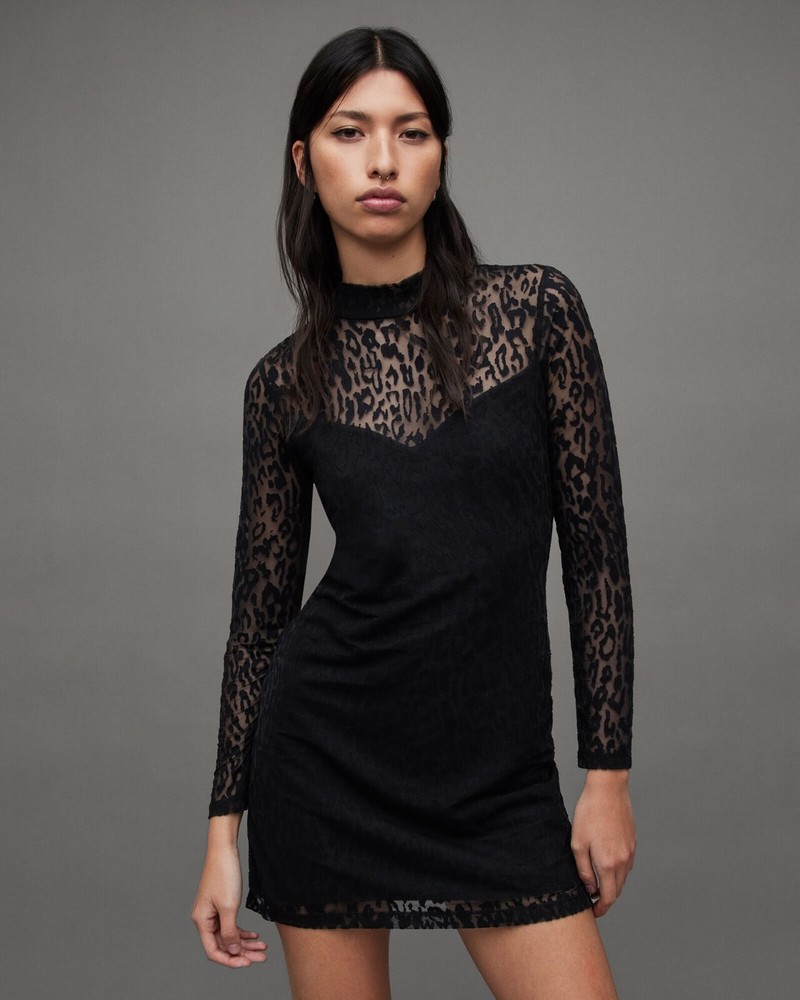 All Saints Womens Leopard Print Mini Dress Hanna Anita Black Slim Long Sleeve