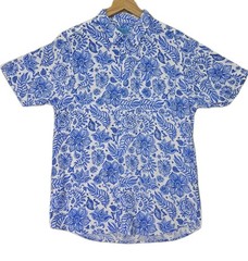 Blue White Floral Hawaiian Shirt Mens Large Tropical Camp Beach Resort Aloha