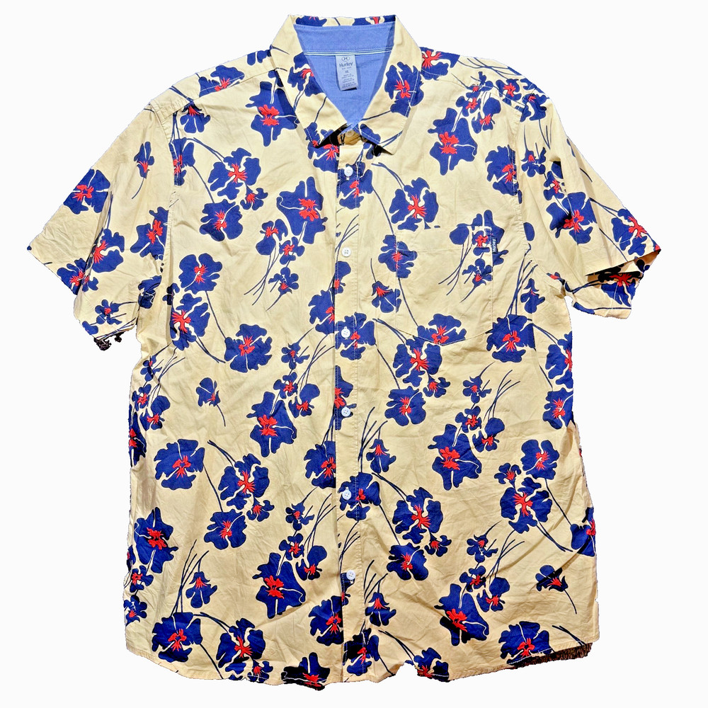 Hurley Collared Yellow Button Down Shirt with Blue and Red Flowers XL