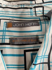 John Henry Washable Silk Button Front Shirt Men’s Large Blue Geometric Print