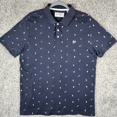 Original Penguin Polo Shirt Mens Large Navy Cocktail Print Short Sleeve EUC