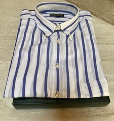 J.McLaughlin Men’s White Button Down Shirt With Blue Stripes, Size L