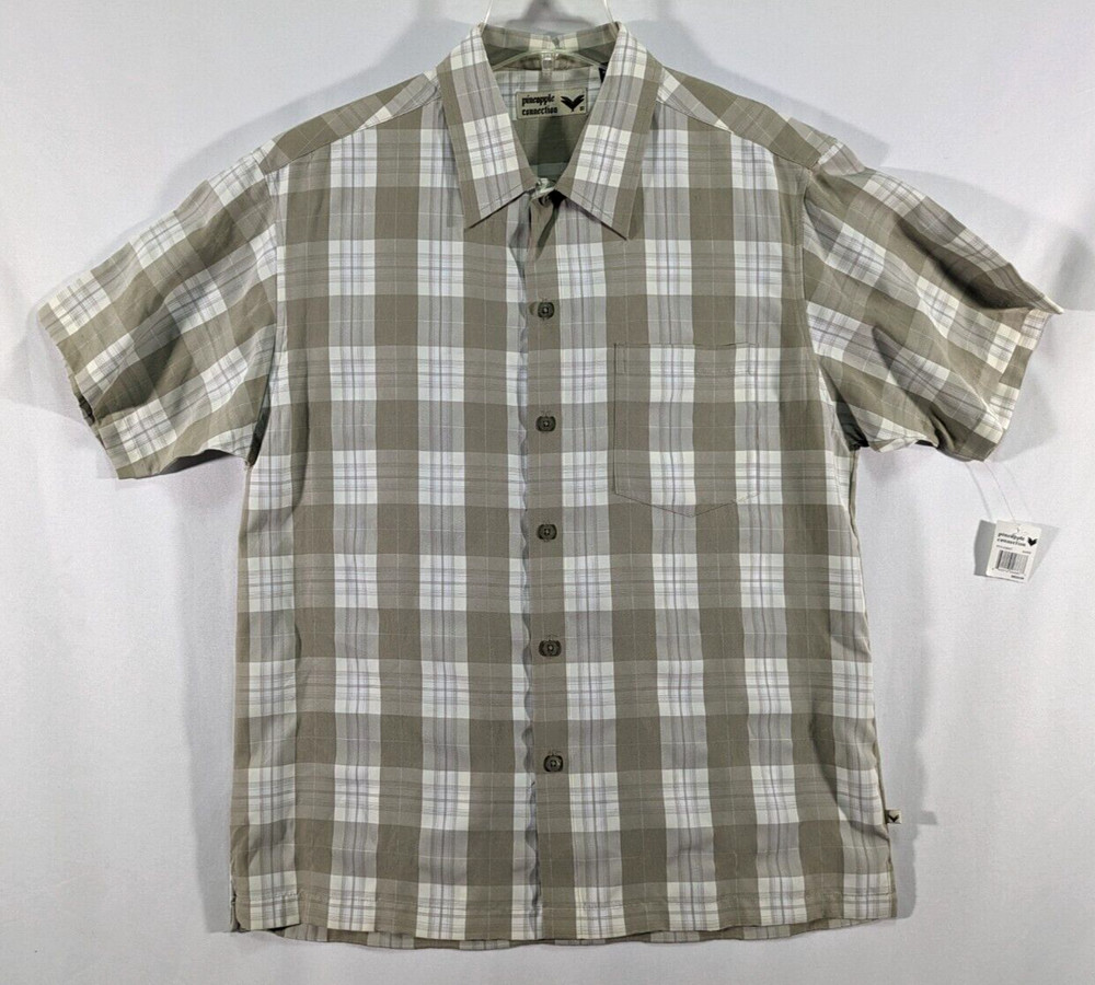 Pineapple Connection Button Up Shirt Sand Plaid Check Pocket Men’s Medium NWT