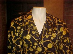 VINTAGE MEN SILK SHIRT CUSTOM TAILORED SHORT SLEEVE CHAINS & COINS PRINT 6XLARGE