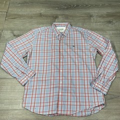 Lacoste Men’s Custom Fit Plaid Button Down Shirt Long Sleeve Blue Orange Size L