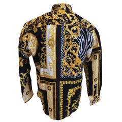 Mens PREMIERE Long Sleeve Button Down Dress Shirt Black Gold Tiger Stripe Tribal