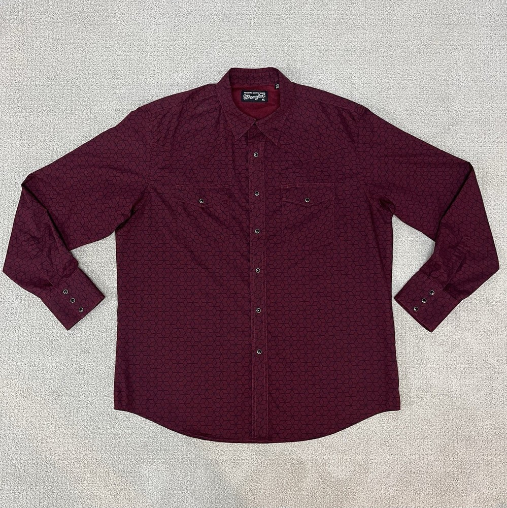 Wrangler Men’s Silver Edition Checotah Geometric Western Snap Shirt XL Burgundy