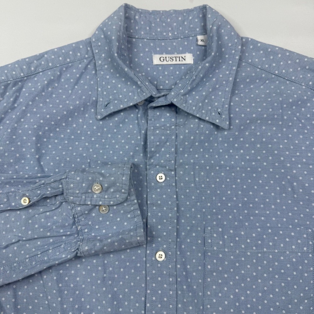 Gustin Chambray Button Down Shirt Mens XL Blue Polka Dot Long Sleeve Made in USA