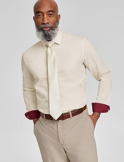 Tayion Collection Men’s Red Trim Solid Dress Shirt Cream M(15-15.5 in 32-33)