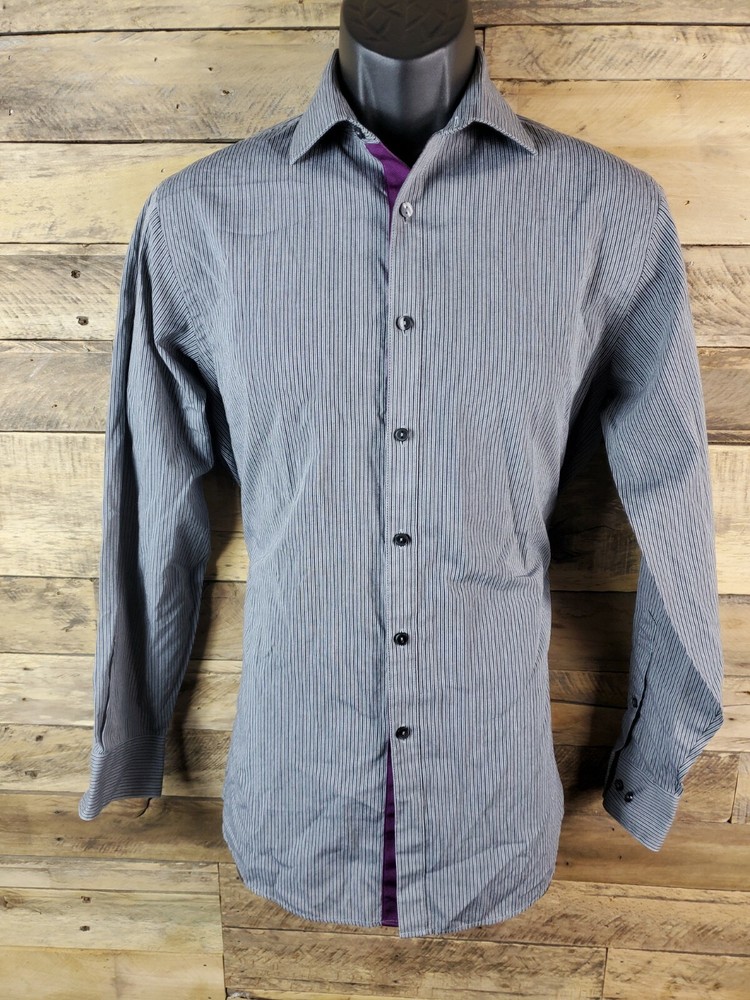 Van Heusen Button-up S Black Gray Stripes 14 1/2 32/33 Chest 38″ Length 28″