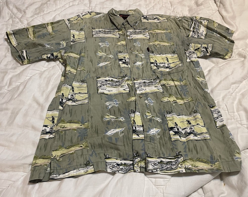 Sporting USA Fish Hawaiian Button Down Shirt Large AOP Lake Ocean Fishing Cotton