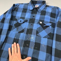Big Bill Flannel Shirt Mens XL Blue Black Buffalo Plaid Distressed Workwear USA