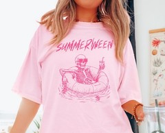 Summer Skeleton Pool Float Graphic Shirt Funny Beach Skeleton Tee Unisex Gift