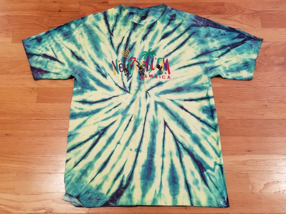 Jamaica No Problem Multicolor Spell Out Tie Dye T-Shirt Size Medium yellow green