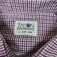 Tayion Plaid Dress Shirt Mens Large 16-16.5 34/35 White Purple Gold Slim Fit NEW