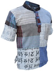 Mens Kathmandu Printed Patchwork Grandad Short Sleeve Festival Kurta Shirt Top