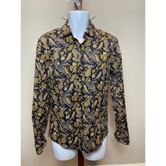 Consequence Size S Slim Fit Button‑Down Shirt Navy Gold Paisley Floral Cotton