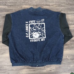 Three Rivers Bomber Jacket Blue Denim Green Long Sleeve Snap Button Men’s Large