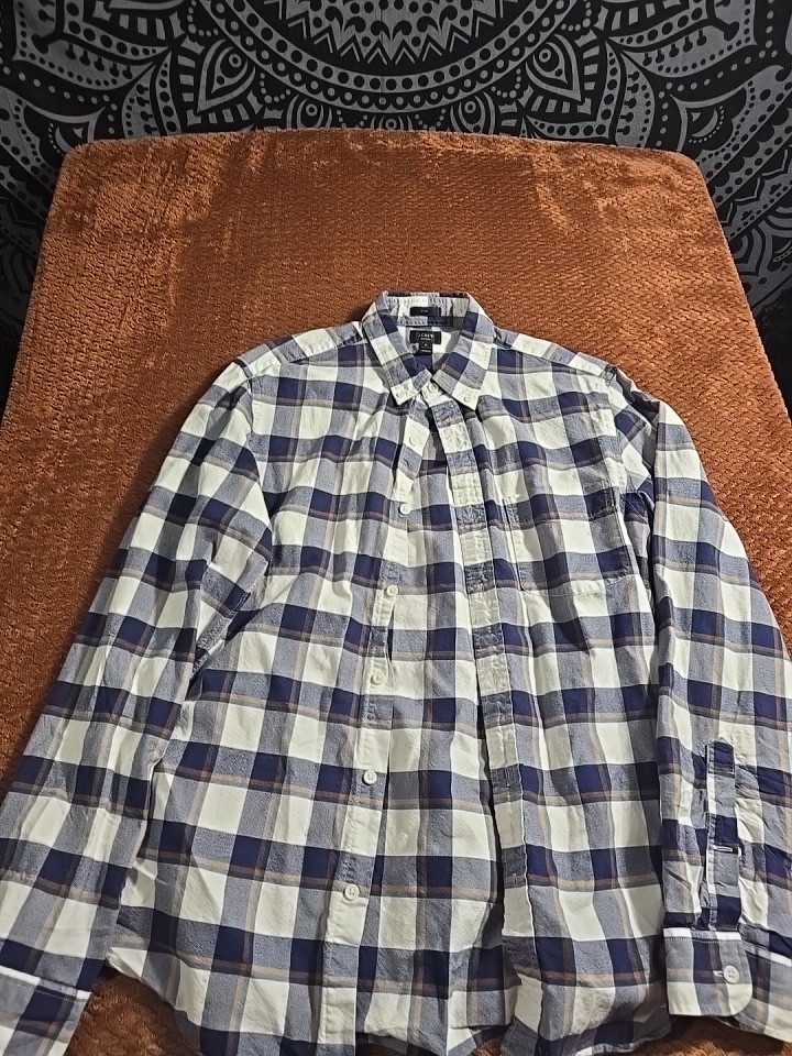 J.Crew Men’s Slim Button Down Shirt Long Sleeve Plaid Blue White Orange Medium