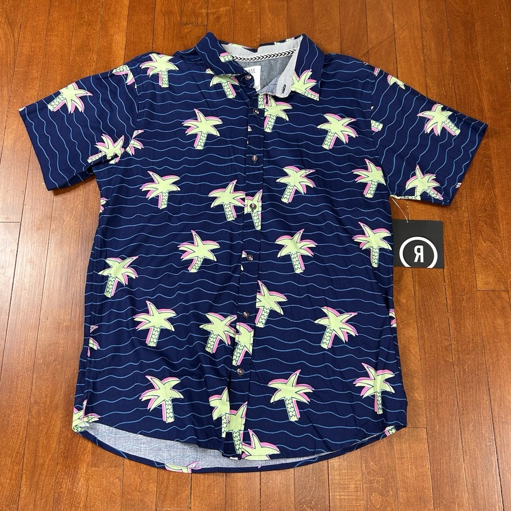 Reverse Threads Men Size L Palm Tree Shirt Short Sleeve Button 80s 70s Navy Blue