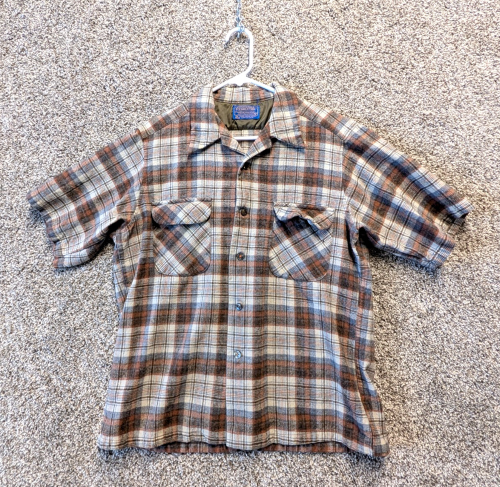 Vintage Pendleton 100% Virgin Wool Plaid Short Sleeve Shirt USA Men’s Large
