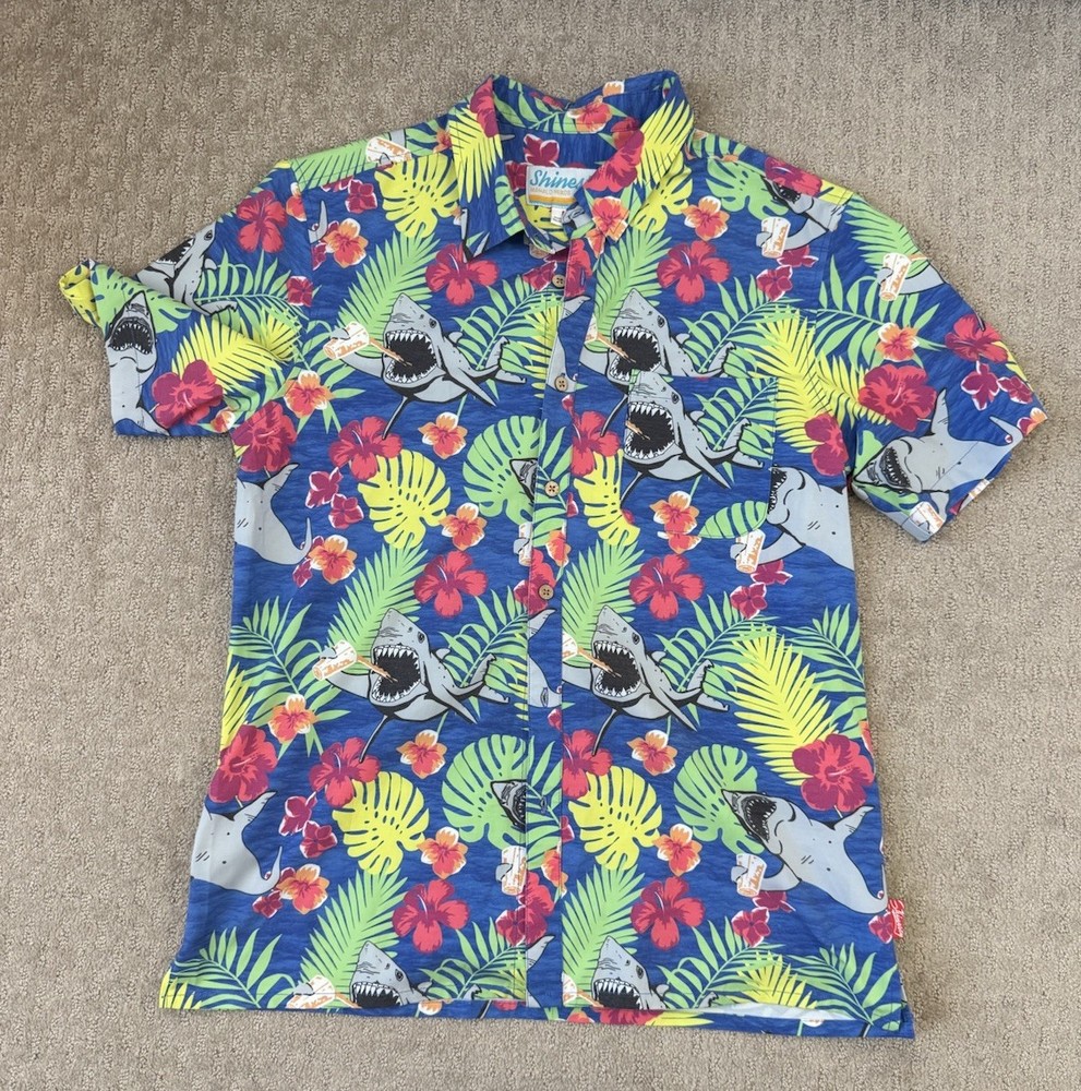 Shinesty Beer Drinking Shark Button Up Shirt Men’s Large