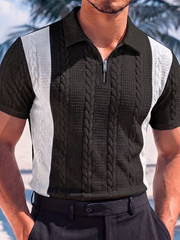 Men’s Short Sleeve Polo Shirt Jacquard Knit Quarter Zip Casual Summer Golf Top