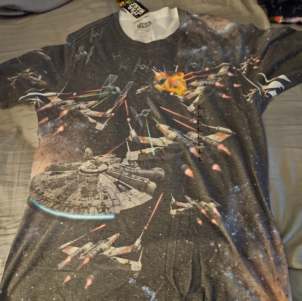 Star Wars MILLENIUM FALCON TIE X-WING BATTLE T-Shirt Mens L AOP Dye Sublimated