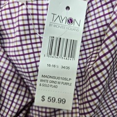 Tayion Plaid Dress Shirt Mens Large 16-16.5 34/35 White Purple Gold Slim Fit NEW