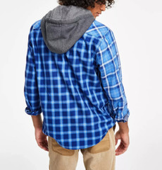 Sun + Stone Men’s Snyder Patchwork Plaid Hooded Shirt Blue Combo Size M