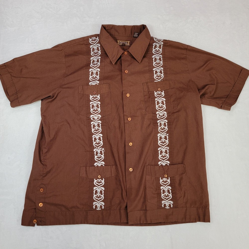 Cascade Men’s Short Sleeve Button Down Shirt Size XL Brown Guayabera Embroidered