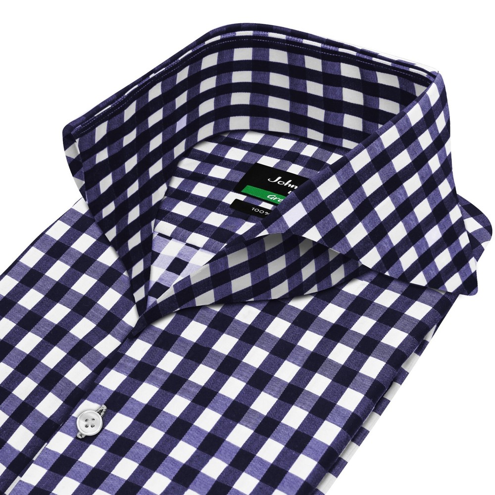 Navy Blue Gingham Checks High Open Extreme Cutaway Collar Buttonless Men’s Shirt
